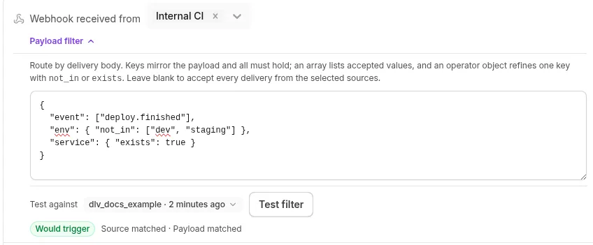 The automation editor's Webhook trigger row with Internal CI selected, the Payload filter expanded, and a Would trigger Test filter result.